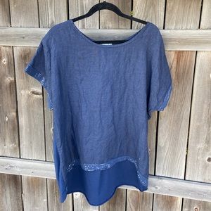 Navy Blue Loose Linen Top w/ Sequence Trim